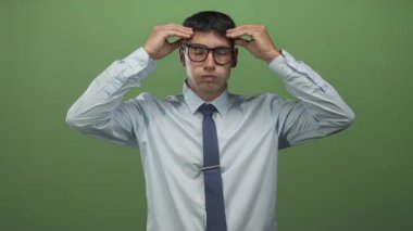 Açık mavi gömlekli ve lacivert kravatlı İspanyol genç adam yeşil stüdyo ortamında şakaklarını ütülüyor; baş ağrısı stresi baskısı.
