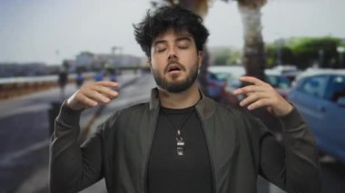 Sakallı genç adam güneşli gökyüzünün altında meditasyon yapıyor. Bulanık araba ve ağaçların arasında huzurlu bir manzara yaratarak huzurlu bir yüz ifadesi sergiliyor.