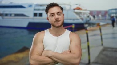 Sakallı genç bir adam, arka planda demirlemiş teknelerle dolu bir deniz kıyısındaki beyaz bir kolsuz bluzla rahat ve açık deniz atmosferi yaratıyor..