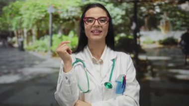 Steteskoplu İspanyol kadın doktor, üniforma giyiyor, açık hava parkı ortamında duruyor, kentsel doğal çevrede profesyonelliği ve bakımı örnek alıyor..