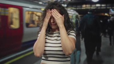 İstasyon girişinde çapraz kollarını kaldırmış çizgili üst blok kamera görüntüsü olan kadın reddedildi..