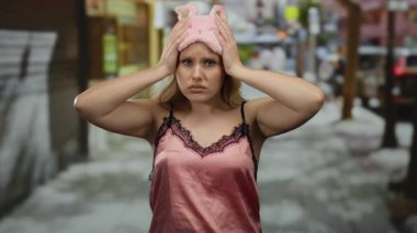 Pembe gecelikli bir kadın, ellerinin başının üstünde endişe ve şaşkınlık dolu bir şekilde şehirde endişeli bir şekilde dolaşır..