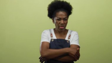 Mavi önlük giymiş bir kadın sarı arka planda değişik ifadeler takınıyor, hareketleriyle ve yüz ifadeleriyle neşeli enerji aktarıyor, yaratıcılığını vurguluyor..