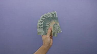 Endonezya 'nın banknotlarını elinde tutan adam mor bir zemin, para ve finans kavramlarını gözler önüne seriyor..