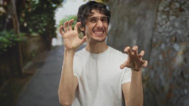 Gözlüklü ve elli adam şehir caddesinde bulanık yeşillikle kaplı pençe hareketi yapıyor..