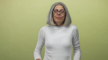 Orta yaşlı, gri saçlı, elleri göğsünde ve gözlüklü bir kadın stüdyo yeşil arka planda..