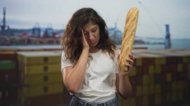 Baget tutan kadın, liman nakliye konteynırları ve vinçlerde elle yanağa dokunuyor. Yorgun diş ağrısı.