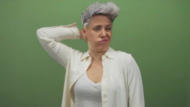 Kısa gri saçlı, beyaz tişörtlü bir kadın tek eliyle boynuna dokunuyor ve stüdyoda kaşlarını çatıyor..