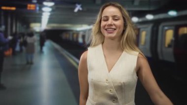 Sarışın bir kadın gülümsüyor ve iki eliyle bir tren istasyonundaki platforma işaret koyuyor, kameraya dönük, günlük bir yelek içinde; keyif yolculuğu.