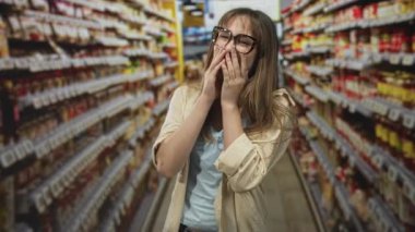 Elele tutuşan ve süpermarket koridorunda stoklanmış raflar arasında gülümseyen, gözlük takan ve sıradan bir atlet giyen genç kadın; oyuncu utangaçlığı.