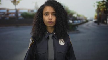 Polis üniformalı bir kadın, arka planı bulanık bir sokakta duygularını sergiliyor, açık şehir ortamını resmediyor..