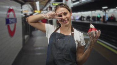 Önlük ve plastik eldiven takan mutlu genç kadın barış işareti gösterirken gülümsüyor ve kafede dondurma külahı tutuyor..