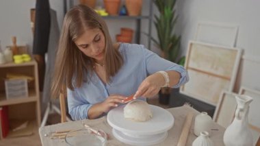 Güneşli bir stüdyoda elleri ile çömlek çarkında beyaz kil şekillendiren kadın; yaratıcı odak ve işçilik.