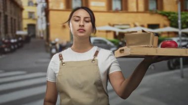 Önlüklü bir kadın garson elinde yemek kutuları ve elmayla ahşap bir tepsi, bir şehir caddesinde omuz yüksekliğinde dengeliyor; günlük iş yorgunluğu.