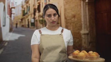 Kadın fırıncı elinde ahşap kek tepsisiyle önlük askıları görünür, yüzü ve eli eski şehir caddesinde gösterilen; hüsran.