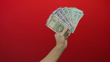 Hintli banknotlar tutan adam canlı kırmızı arka planda, izole edilmiş bir ayarda para birimleri karışımı sergiliyor.