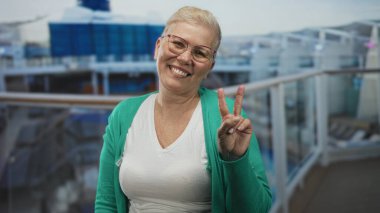 Yeşil hırka ve beyaz yaka tişörtlü bir kadın, yolcu gemisinde sağ eliyle iki parmak barış işareti tutuyor, kameraya gülümsüyor, seyahat neşe içinde seyahat ediyor..