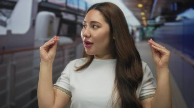 Kadın, inşaat koridorunda sıcak gün ışığı altında canlı bir konuşma sergilemek için el hareketi yapıyor; aktif iletişim.