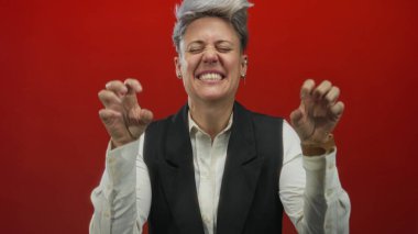 Kısa, gümüş saçlı, gülümseyen elleri olan bir kadın pençe jest stüdyosu gösteriyor; neşe dolu bir eğlence..