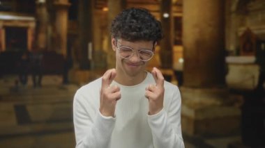 Gözleri kapalı, parmakları çapraz ve kilise binasında hafifçe gülümseyen beyaz kazaklı bir adam. Umut..