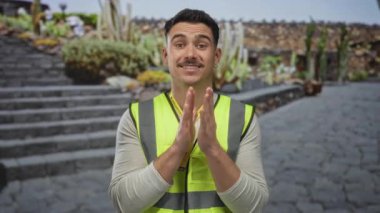 Yansıtıcı yelek giyen İspanyol genç adam parktaki merdivenlerde gönüllü olarak duruyor..