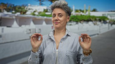 Kısa saçlı ve çizgili tişörtlü bir kadın güneşli bir şehir caddesinde iki eliyle imza dağıtıyor..