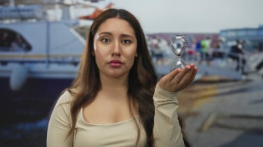 Kadının elinde kumla dolu bir kum saati ve güneş ışığına odaklanmış bir bakış var. Sabır..