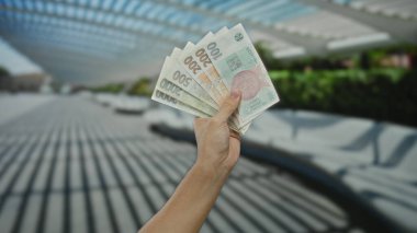 Kafkasyalı bir adam Czech Koruna 'yı bir şehir sokağında açık hava banknotları ile canlı ve dinamik şehir yaşamını yakalıyor..