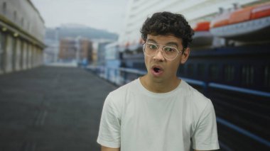 Adam binanın önündeki ön cephenin önünde ağzı açık gözlük takarak esniyor; yorgunluk.