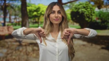 Sunlit Park 'ta iki baş parmağını da göstermek için çıplak kollarını uzatan kadın, reddedilmeyi tasvip etmiyor..