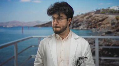 Sakallı, gözlüklü, laboratuvar önlüklü, mavi okyanus arka planı ve kayalık manzaralı, ciddi ve düşünceli genç bir İspanyol..