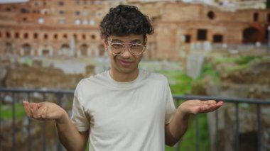 Beyaz gömlekli ve gözlüklü genç adam antik Roma harabelerinde avuçlarını açık tutarak omuz silkiyor..
