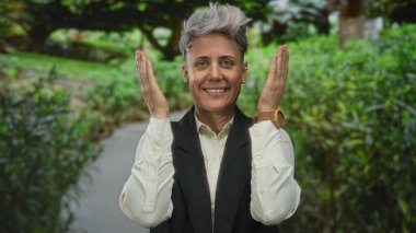 Kadın yapraklı yeşil bir park geçidinde dururken yüzünü iki eliyle kapatıyor; doğallık.