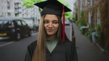 Havan topu ve cüppeli genç beyaz kız kalabalık bir caddede yan yan bakıyor; başarı gururu.