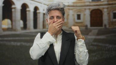 Kadın bulutlu gökyüzünün altında kemerli bina girişinden önce güneşli kaldırım taşı caddesinde elleri ağızla kapatıyor; yorgunluk.