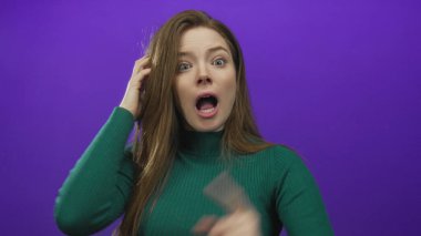 Baş ağrısı için el şakağına bastırılmış katı mor bir stüdyo duvarına kafa tutan kadın..