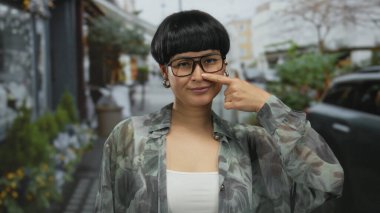 Genç Çinli gözlüklü bir kadın açık havada hareketli bir caddede dururken burnuna gülümseyerek bakıyor..