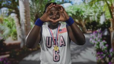 Genç Afro-Amerikan erkeği elleriyle kalbi oluştururken gülümsüyor ve ormanda ABD forması ve altın madalyası takıyor..