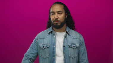 Latin kökenli genç bir Arap, eflatun arkaplan karşısında el ele verip kafasını kaşıyor..