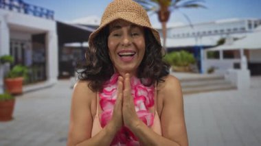 Orta yaşlı İspanyol bir kadın, bikinili, Hawaii zambağı takmış, açık havada gülümseyen, güneşli bir ortamda, rahat bir yaz havası olan..