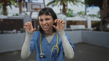 Steteskoplu mavi önlüklü kadın güneşli açık hava basketbol sahasında pençe hareketi yapıyor..