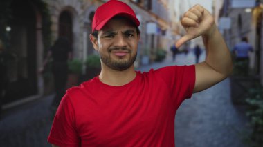 Kırmızı üniformalı genç teslimatçı, yoğun bir caddenin ortasında baş parmak işareti ve baş parmak işareti gösteriyor; kararsızlık.