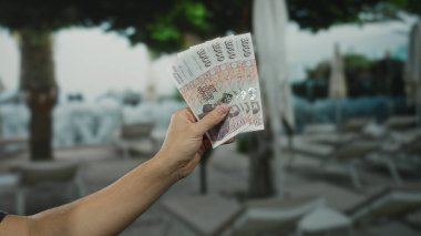 Erkek el, arka planda ağaçlar ve şezlonglar olan açık havuzda İzlanda Krona banknotları tutuyor..