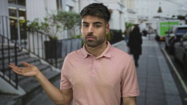 Beyaz binanın önündeki bir caddede, taş basamaklar ve yanımızdan geçen bulanık yayalarla avuç içi açık duran bir adam belirsizlikle karşı karşıya..