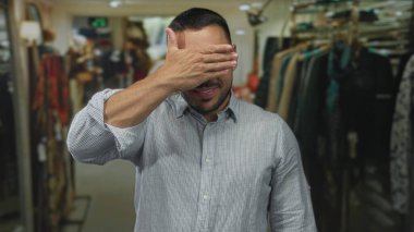 Çizgili gömlekli adam giyim mağazası koridorunda rafları karıştırırken gözleri eliyle kaplıyor..