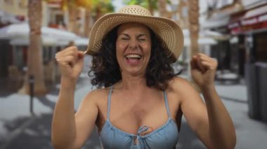 Orta yaşlı, bikinili bir kadın neşeli bir sokakta, güneş şapkası takarak, mutluluğu somutlaştırarak ve dışarıda keyif çatarak kutlama yapıyor..