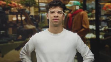 Giysi mağazasında beyaz gömlek ve yuvarlak gözlüklü bir adam bina içinde sıkıca kollarını kavuşturuyor; inkar.