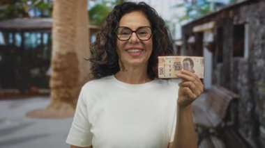 Gülümseyen kadın, Meksika pesolarını şehir caddesinde tutuyor, açık havada mutlu bir ifade ve neşeli tavırla para sergiliyor, orta yaşlı İspanyol kadını elinde parayla vurguluyor..