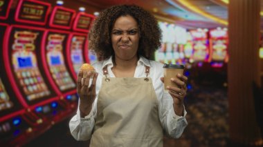 Önlüklü kadın fırıncı kumarhanede somurturken kek ve kağıt kahve fincanı tutuyor..