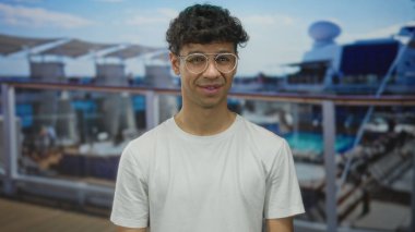 Gözlüklü ve beyaz tişörtlü bir adam güneşli yolcu güvertesinde kaşlarını çatar..